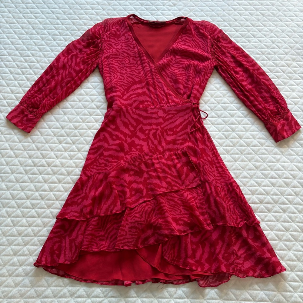 ALLSAINTS Keva Remix Ruffle Wrap Dress Size S Pink /Red WD350S Flowy Feminine